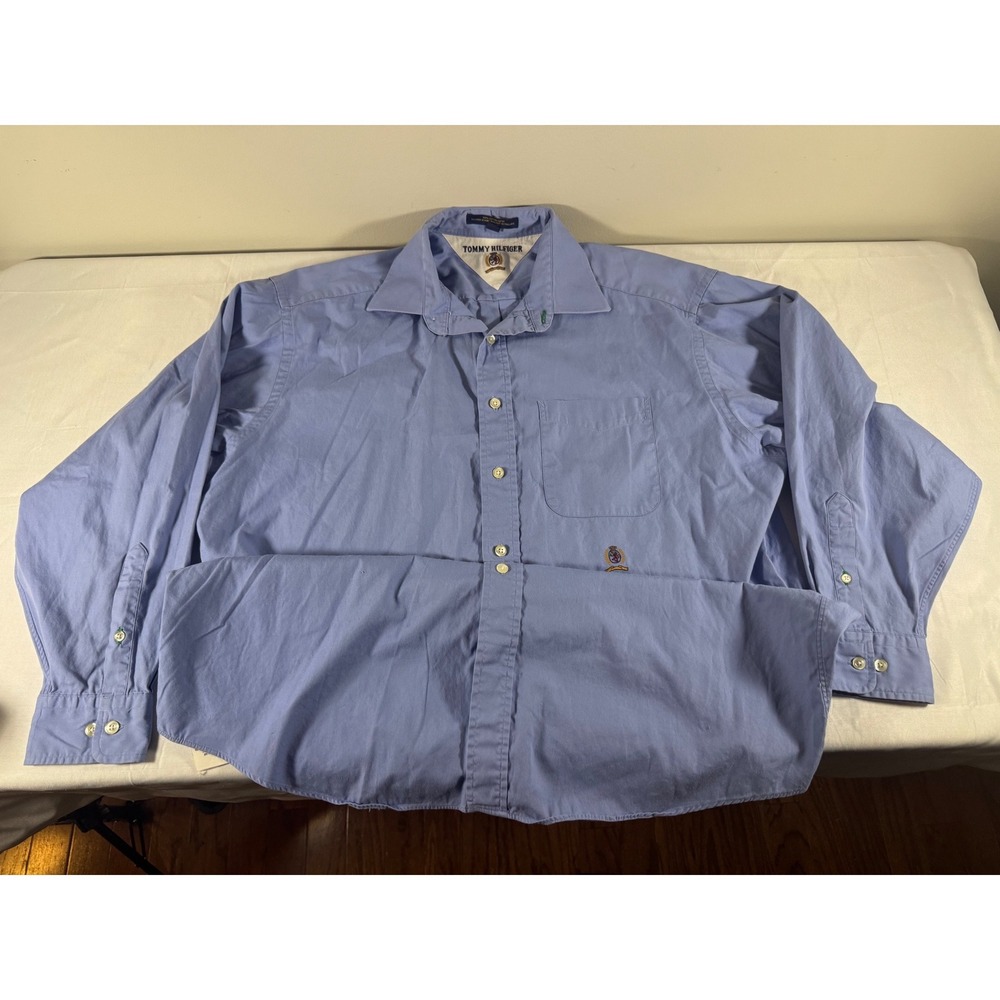 VTG 90s/Y2K Tommy Hilfiger Mens Blue Button Down Oxford Crest Shirt 16.5 32-33